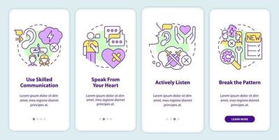 Fixing relationship after big fight onboarding mobile app screen. Walkthrough 4 steps editable graphic instructions with linear concepts. UI, UX, GUI template. vector