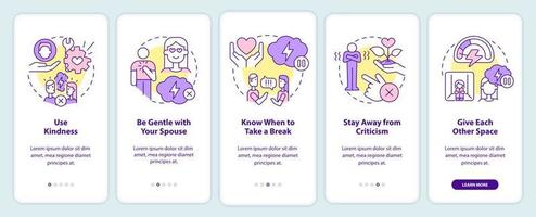 Fixing marriage onboarding mobile app screen. Be gentle with spouse walkthrough 5 steps editable graphic instructions with linear concepts. UI, UX, GUI template. vector