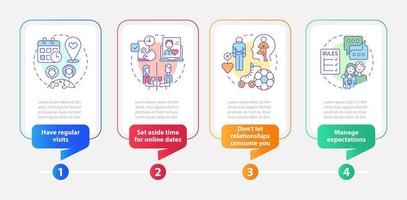 plantilla infográfica de rectángulo de amor de larga distancia sobreviviente. visualización de datos con 4 pasos. gráfico de información de línea de tiempo editable. diseño de flujo de trabajo con iconos de línea. vector