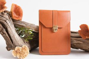 brown bag and mushrooms on driftwood, gray background, eco leather from mushroom mycelium photo