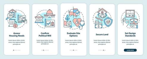 Housing development tips onboarding mobile app screen. Project walkthrough 5 steps editable graphic instructions with linear concepts. UI, UX, GUI template. vector