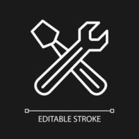 Hand tools white linear icon for dark theme. Automobile repair workshop. Settings menu. Wrench and screwdriver. Thin line illustration. Isolated symbol for night mode. Editable stroke. vector