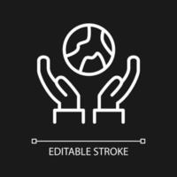 Hands holding Earth white linear icon for dark theme. Caring for environment. Eco friendly practices. Thin line illustration. Isolated symbol for night mode. Editable stroke. vector