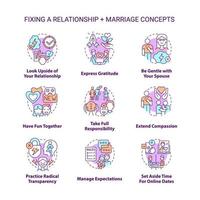 conjunto de iconos de concepto de matrimonio y relación de fijación. comunicación saludable con la idea de la pareja ilustraciones en color de línea delgada. símbolos aislados. trazo editable.