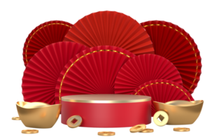 Paper fan chinese new year with podium and gold coin decoration. Oriental Asian style concept of Happy Chinese New Year festiva. 3D rendering png