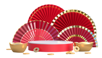 abanico de papel año nuevo chino con podio y decoración de monedas de oro. concepto de estilo asiático oriental de feliz festival de año nuevo chino. representación 3d png