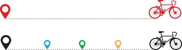 Bike icon dotted line path with start point. Set of bicycle way trace with location or map pins and dotted route. Vector illustration.