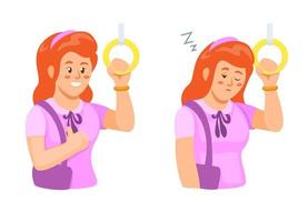 Girl on public transport with condition fit and tired sleepy character set illustration vector