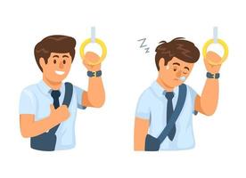 Man worker on train fit and tired and sleepy character set illustration vector