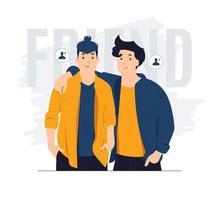 Friendship between happy two friends young man, meeting, hugging and embracing each other in love concept illustration vector