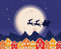 Snowy night scene with Santa Claus on the sleigh. vector