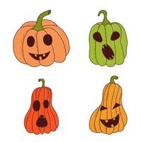 conjunto de calabazas de varias formas y colores con caras graciosas. elementos de halloween ilustración vectorial en estilo dibujado a mano vector