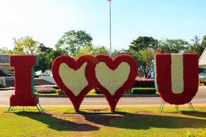 el jardín de flores tiene un hermoso símbolo de te amo en forma de corazón. decorado con flores de colores decoradas en el jardín - para ser un punto de registro turístico y un punto de referencia. foto