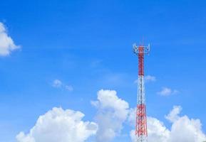 Tall telephone poles are ready to distribute Internet and telephone signals for the public to make full use of them against the background of the beautiful natural afternoon white and blue sky. photo