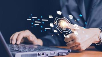 futuristic digital processing of biometric identification fingerprint scanner for access personal financial data. surveillance and security scanning of digital programs cyber futuristic applications photo