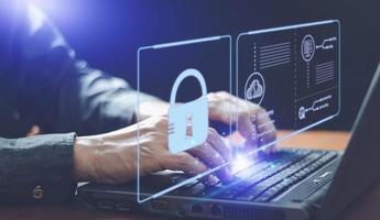 cyber security online, cybersecurity concept on internet, user writing password on computer photo