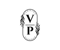 Colección de logotipos de monogramas de boda con letras iniciales vp, plantillas florales y minimalistas modernas dibujadas a mano para tarjetas de invitación, guardar la fecha, identidad elegante para restaurante, boutique, café en vector