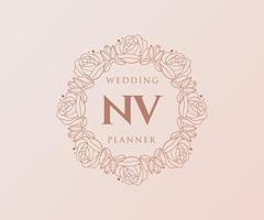 colección de logotipos de monograma de boda con letras iniciales nv, plantillas florales y minimalistas modernas dibujadas a mano para tarjetas de invitación, guardar la fecha, identidad elegante para restaurante, boutique, café en vector