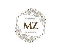 Colección de logotipos de monograma de boda con letras iniciales mz, plantillas florales y minimalistas modernas dibujadas a mano para tarjetas de invitación, guardar la fecha, identidad elegante para restaurante, boutique, café en vector