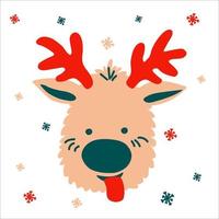 Funny Christmas deer with its tongue hanging out on a white background with snowflakes in scandinavian hand drawn style. Vector illustration, one simple bright object, square format for social media..