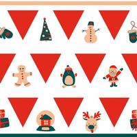 Christmas seamless border horizontal pattern of red triangles and cute characters - Santa Claus, snowman, deer, penguin, gingerbread man on a white background in the traditional Scandinavian style vector