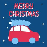 gracioso coche rojo abeto de la suerte en el maletero para feliz navidad en estilo garabato con letras. adecuado para una tarjeta de felicitación. ilustración vectorial, objeto simple, formato cuadrado sobre un fondo azul clásico vector