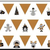 Christmas seamless border horizontal pattern of gold triangles and cute characters - Santa Claus, snowman, deer, penguin, gingerbread man on a white background in the traditional Scandinavian style vector