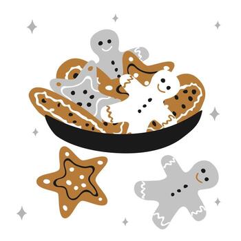 Christmas plate with gingerbread men and cookies stars on a white background with snowflakes in scandinavian hand drawn style. Vector illustration, square format. Suitable for a greeting card