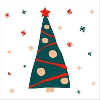 Christmas tree with garlands and balls on a white background with snowflakes. Vector illustration, in scandinavian hand drawn style, square format. Suitable for a greeting card or banner