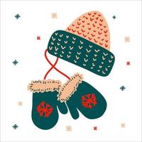 Christmas traditional hat and mitten mittens with snowflakes in scandinavian hand drawn style. Vector illustration, one simple bright object, square format. Suitable for social media