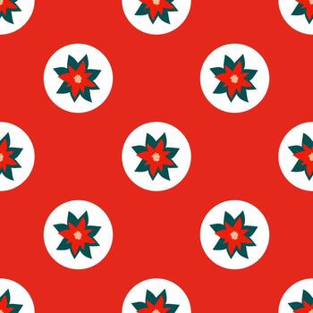 Bright red seamless Christmas pattern of repeating elements - white circles with poinsettia in the center. Vector illustration in a festive style of hand drawing. For fabric, wrapping paper, wallpaper