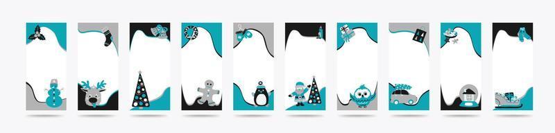 Plantilla de 10 historias de feliz navidad para redes sociales al estilo de dibujo a mano simple escandinavo. marcos de vacaciones en capas para fotos con lindos personajes - santa, renos, pan de jengibre. vector