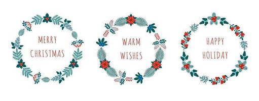 Merry Christmas collection of greeting cards with winter plants frame in the modern flat style. Stock vector illustrations with botanical symbols of holiday - pine, cone, berry in red, green colors.