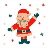 Christmas traditional funny cartoon character Santa Claus welcomes with raised hand on a white background with snowflakes. Vector illustration, in scandinavian hand drawn style, square format