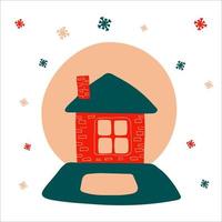 Christmas snow globe with a cozy house inside on a white background with a pattern of snowflakes in scandinavian hand drawn style. Vector illustration, one simple bright object, square format