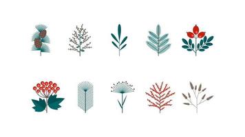 Christmas winter floral set in a flat retro style. Berry, leaf, flower for creating postcards, banners and patterns. Vector illustration isolated on a white background.