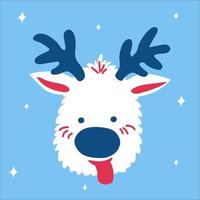 Cute Christmas deer with its tongue hanging out on a blue background with snowflakes in scandinavian doodle style. Vector illustration, one simple bright object, square format for social media