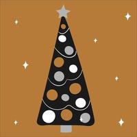 Holiday decorated Christmas tree with garlands and balls on a white background in gold, silver, black colors. Vector illustration, in scandinavian hand drawn style, square format.