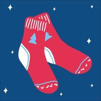 Christmas traditional warm red socks in scandinavian doodle style on a classic blue background. Vector illustration, one simple bright object, square format. Suitable for social media