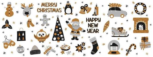 Christmas holiday elements Scandinavian hand drawn style with inscriptions Happy New Year. Vector illustration - clip-art collection of cute characters isolate on a white background.