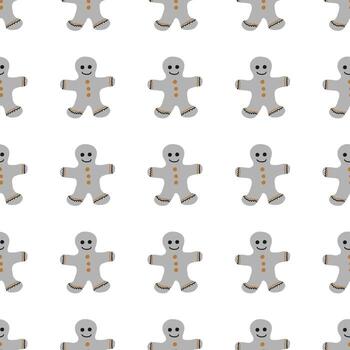 Seamless Merry Christmas pattern of repeating elements - gingerbread men on a white background. Vector illustration in scandinavian style of hand drawing. Ornament for print, wrap, textile, fabric