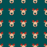 Seamless Christmas pattern of repeating elements - funny deer on a green backdrop. Vector illustration in scandinavian style of hand drawing. Bright ornament for print, wrapping, textile, fabric
