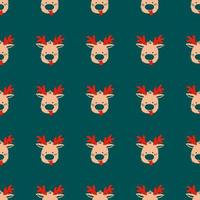 Seamless Christmas pattern of repeating elements - funny deer on a green backdrop. Vector illustration in scandinavian style of hand drawing. Bright ornament for print, wrapping, textile, fabric