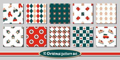 Set of 10 seamless Christmas vector patterns - bright backgrounds with cute holiday characters, symbols of winter and new year, floral elements, stripes, plaid, argyle, polka dots, triangles, borders.