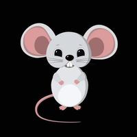 Cute little mouse symbol of New Year. White metal rat according to the Chinese horoscope. Isolated vector illustration on black background, template, clipart.