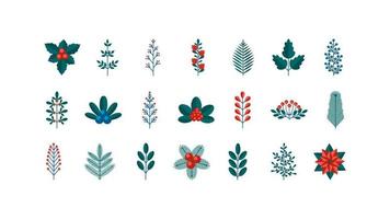 Christmas winter floral element set in a flat retro style. Berry, leaf, flower collection. Vector illustration isolated on a white background for postcards, banners and patterns.