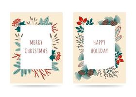 Merry Christmas greeting cards with winter plants frame in the retro style. Stock vector illustrations with botanical symbols of holiday- pine, cone, branch, berry in red, green colors.