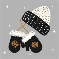 Christmas traditional winter hat and mitten mittens with snowflakes in scandinavian hand drawn style - gold, silver, black. Vector illustration, simple object, square format. Suitable for social media