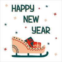 Happy New Year traditional patterned sleigh with gifts in scandinavian hand drawn style with lettering. Vector illustration, simple bright object, square format. Suitable for a greeting card or banner