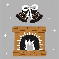 Merry christmas traditional fireplace and jimgle bell in scandinavian hand drawn style - gold, silver, black colors. Vector happy new year illustration, simple objects, square format.